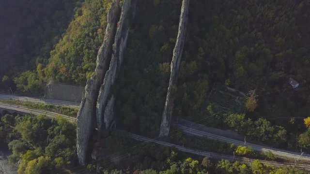 sharp rocks above the train rails in the Balkan