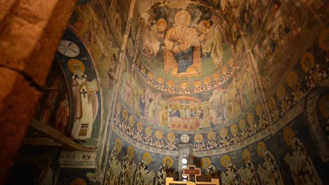 Shot of a frescoe canopy inside of an orthodox church.