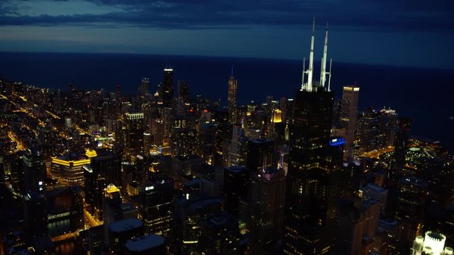 Aerial night view of metropolitan city of Chicago Illinois USA