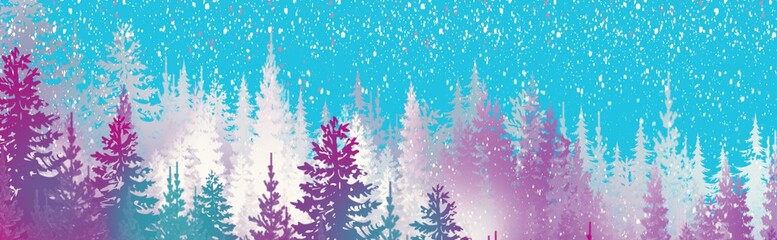Fototapeta na wymiar winter wonderland magical pine forest with glowing lights, mist and mood, snowy, wintery woodland treeline in wide header banner illustration