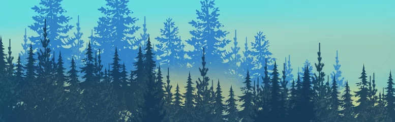  winter wonderland magical pine forest with glowing lights, mist and mood, snowy, wintery woodland treeline in wide header banner illustration © kalanustudios.com