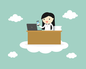 Business concept, business woman is working on the cloud, cloud computing concept. Vector illustration.