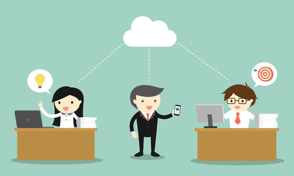 Business concept, business people share idea and target via cloud computing. Vector illustration.