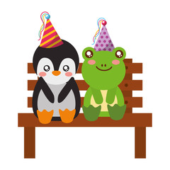cute penguin and frog on bench happy birthday