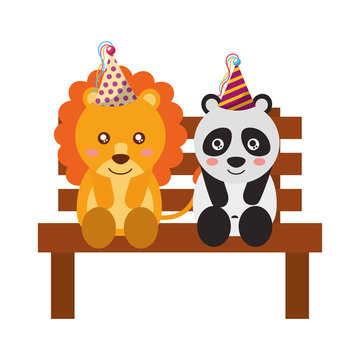 cute lion and panda on bench happy birthday