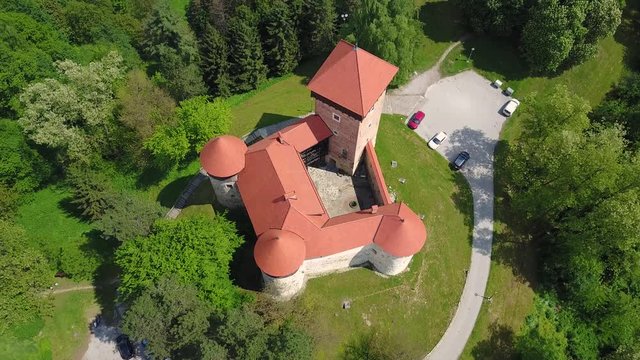 Aerial footage of fairy tale castle called old town Dubovac near town Karlovac in Croatia.