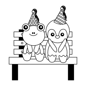 cute penguin and frog on bench happy birthday