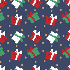 Seamless pattern of colorful gift boxes with ribbons on blue background with stars. Vector illustration for Christmas holidays.