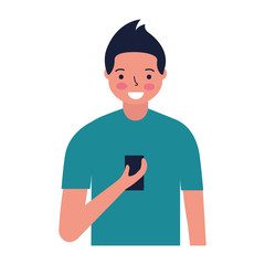 man using cellphone device white background