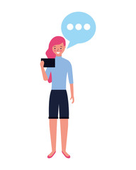 woman using mobile speech bubble