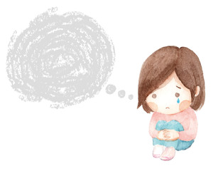 ひざをかかえて泣く女の子　ふきだし　水彩画
