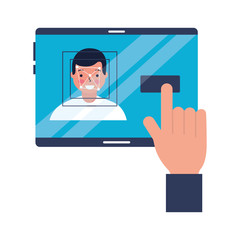 hand with mobile face scan man