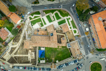 Aerial panorama view of the Adriatic beach town Rimini in the winter with the ancient Tiberius bridge, Sismondo Malatesta castle and Gothic  city hall