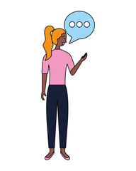 woman using mobile speech bubble