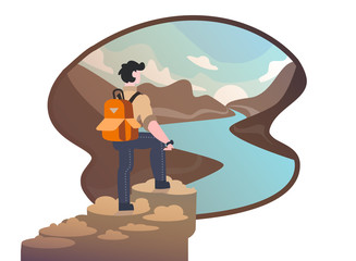 Young traveler with a backpack on the background of nature. A man in hiking clothes stands on top of the world. A traveler looks from a bird's eye view of the river, mountains and hills, sunrise