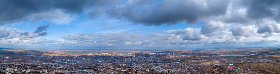 View from the height of the city through the clouds, Rivne, Ukraine