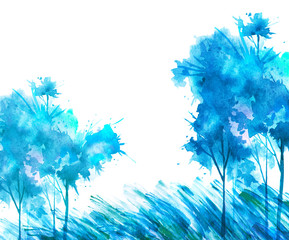Watercolor illustration of blue forest. Group of blue trees in winter, grove, garden. Landscape winter. Isolated on white background. Aspen, maple, bushes winter forest. Wild grass in the wind.
