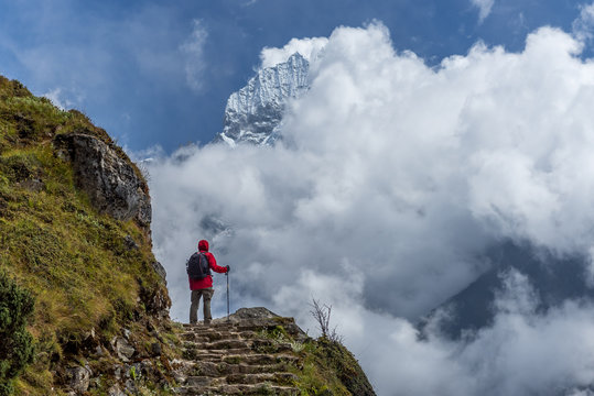 trekker walking to the hotel everest view in everest trek region in Nepal.