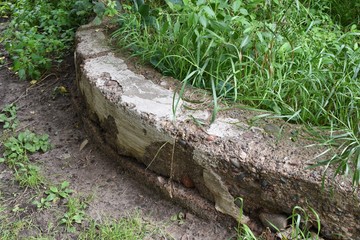 Stone wall overgrown with grass