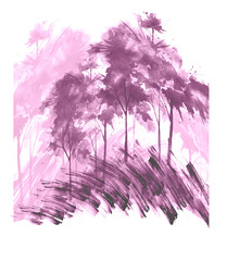 Watercolor tree of pink, purple color on a white isolated background.Wild grass in the wind. Single cherry sakura pink tree isolated. Country landscape, forest. Aspen, maple, bushes, autumn forest.