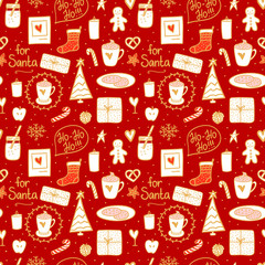 Cozy hand drawn seamless pattern texture. Milk cocoa and cookies for Santa. Vector set illustration concept Merry Christmas mood.