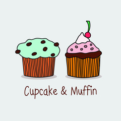  Cute cupcake and muffin , Vector cartoon style.