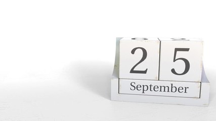 September 25 date on wood bricks calendar. 3D animation