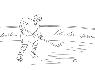 Hockey player hitting a stick to the puck graphic black white sketch illustration vector