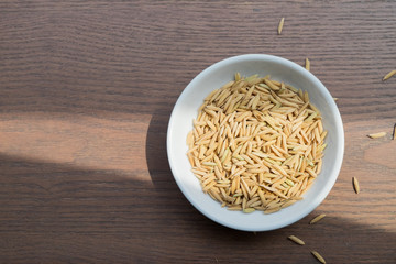 Organic Paddy Seeds, Unmilled Rice on wood background with copy space, healthy food...