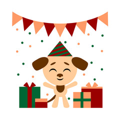 Happy birthday. Funny little dog cartoon emoji characte. Vector illustration with puppy.