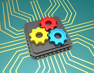 3d illustration of processor with a gear wheels. rendered illustration