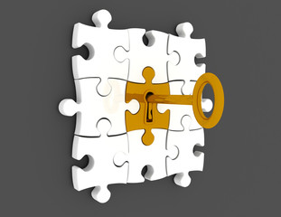 Golden key and puzzle pieces - 3d render illustration