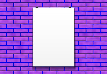 Blank poster mockup on the paper clips in front of brick wall