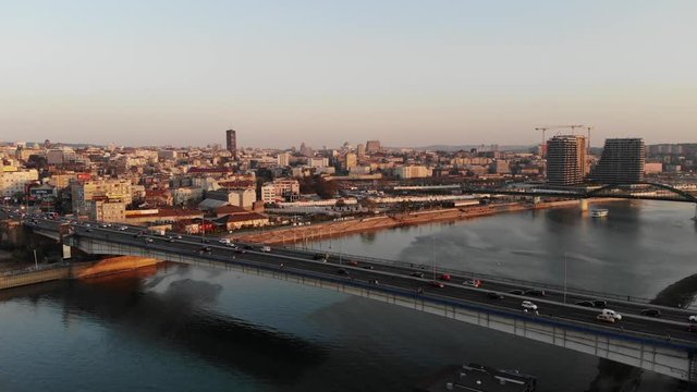 Belgrade bridge at Waterfront with a city skyline view at dawn