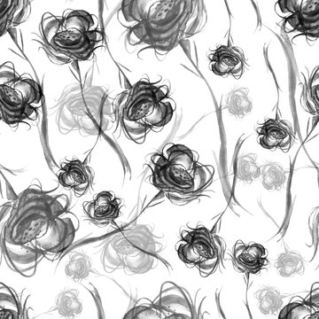 Fototapeta Watercolor Vintage seamless pattern with drawing roses flowers. Beautiful flowers, rose, peony, poppy. Floral background. Watercolor floral bouquet. Birthday card.Black white color, vintage background