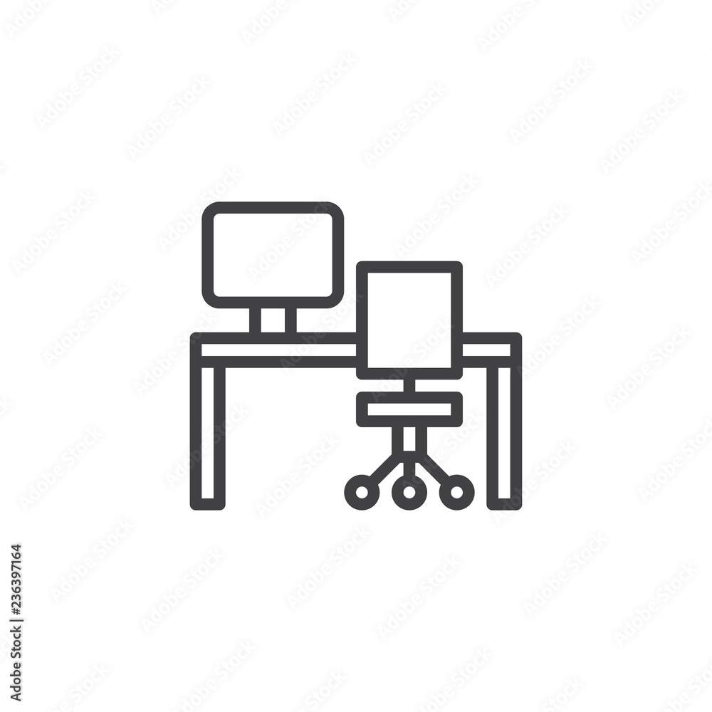 Fototapete Office desk, computer and chair furniture outline icon. linear style sign for mobile concept and web design. Workspace simple line vector icon. Workplace symbol, logo illustration. Vector graphics