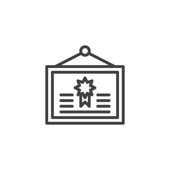 Diploma hanging outline icon. linear style sign for mobile concept and web design. Certificate with badge and ribbon simple line vector icon. Symbol, logo illustration. Pixel perfect vector graphics