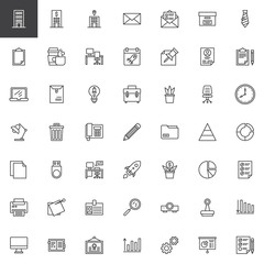 Business outline icons set. linear style symbols collection, line signs pack. vector graphics. Set includes icons as Bank office building, startup rocket, analytics graph, pie chart diagram, calendar