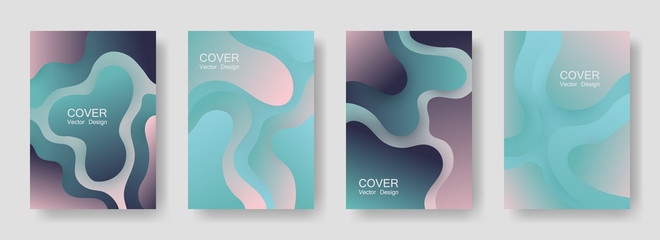 Gradient fluid shapes abstract covers vector collection. Minimal poster backgrounds design. Flux paper cut effect blob elements pattern, fluid wavy shapes texture print. Cover templates.