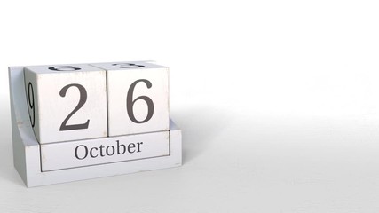 Cube calendar shows October 26 date. 3D animation