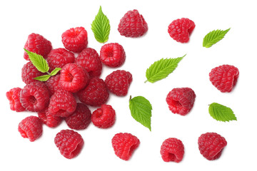 ripe raspberries with green leaf isolated on white background. top view