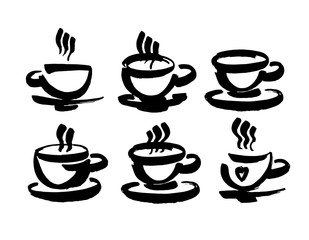 Coffee and tea cups symbols for fast food or restaurant design. Modern brush ink. Isolated on white background.