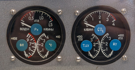 Dashboard dial display preassure in cabin of the Soviet spacecraft