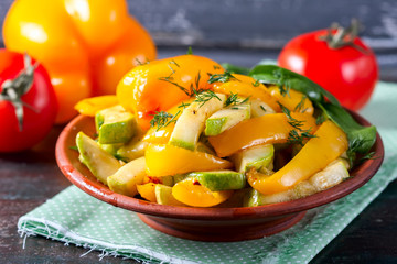 Warm salad of roast courgette and peppers.