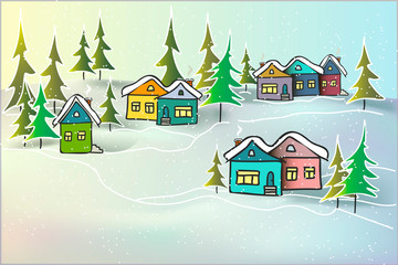 Vector background illustration cute cozy winter landscape caramel multicolored houses and firs in snow drifts for card, typographic print, cover page, web site, banner.