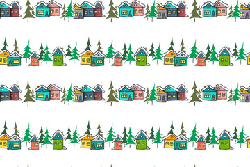 Vector seamless pattern hand drawn gingerbread multicolored houses on a white background for bedding, textile, wallpaper, wrapping, cover page, web site, card, carton, typographic print, fabric.
