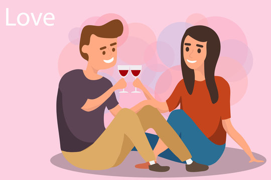 Romantic illustration of a seated man and woman. A man and a woman are sitting and drinking wine. Vector illustration.