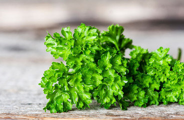 Fresh parsley on wood background.
