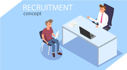 Recruitment. Isometric recruitment concept. Office workers are sitting in isometry. A person is interviewed. Vector isometric illustration of recruitment.