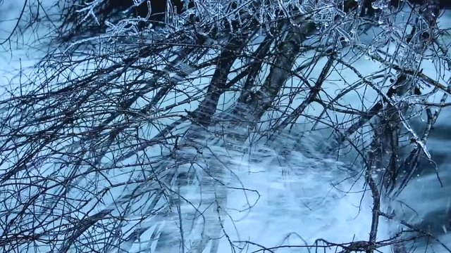 Flowing waters of freezing mountain stream. Ice and icycles on the shores and vegetation.